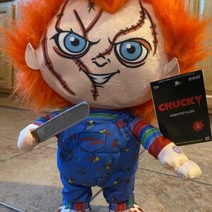 Chucky Animated Plush Doll with Orange Hair and Blue Outfit
